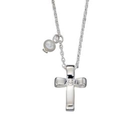 Ribbon Effect Cross Necklace with Pearl