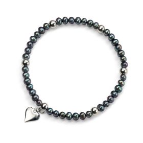 Black Freshwater Pearl and Silver Heart Bracelet