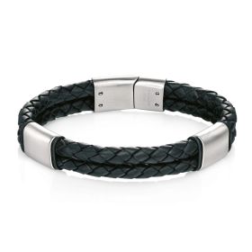 Fred Bennett Black Leather Bracelet with Stainless Steel Sections