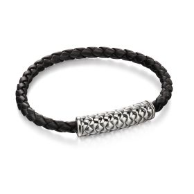 Fred Bennett Plaited Black Leather Bracelet with Detailed Silver Clasp