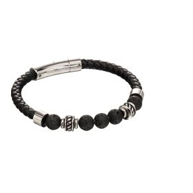 Fred Bennett Black Leather Bracelet with Lava Beads