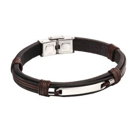 Fred Bennett ID Bar Black Leather Bracelet with Brown Cord Detail-21.5cm