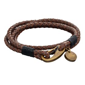 Fred Bennett Double Row Wrap-around Woven Brown Leather and Large Clasp Bracelet