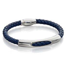 Fred Bennett Woven Navy Blue Leather and Stainless Steel Section Bracelet