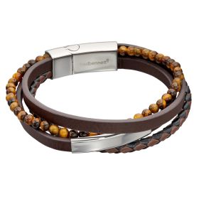 Fred Bennett Multi Row Brown Leather and Tigers Eye Bracelet with ID Bar-21cm