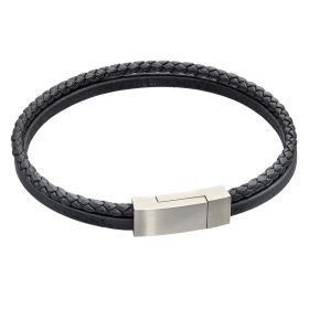 Fred Bennett Double Row Black Leather Bracelet-21cm