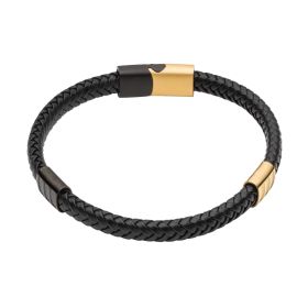 Fred Bennett Leather Bracelet with Black IP and Yellow Gold Plated Details