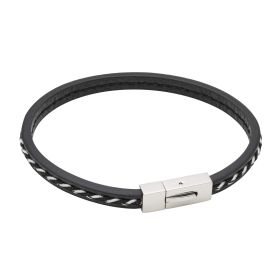 Fred Bennett Black Recycled Leather Bracelet with Cord Detail