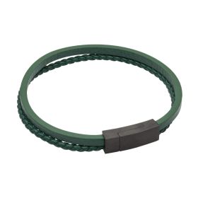 Fred Bennett Multi Row Green Recycled Leather Bracelet with Black IP Clasp