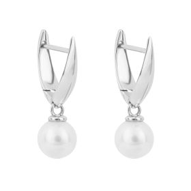 Knife Edge Hoop Earrings with Pearl Charm in 9ct White Gold