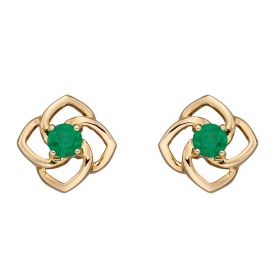 Cut Out Flower Stud Earrings with Emerald in 9ct Gold