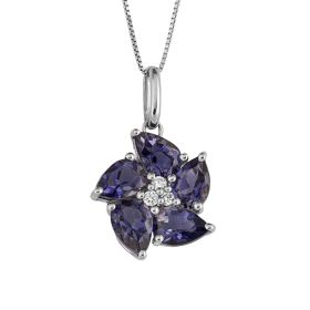 Peony Flower Pendant with Iolite and Diamond in 9ct Gold