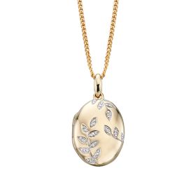 Oval Locket with Diamond Leaf Pattern  in 9ct Gold