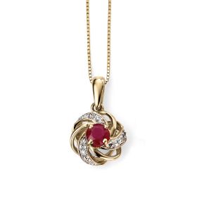 Round Ruby Cluster Pendant with Diamond in 9ct Gold